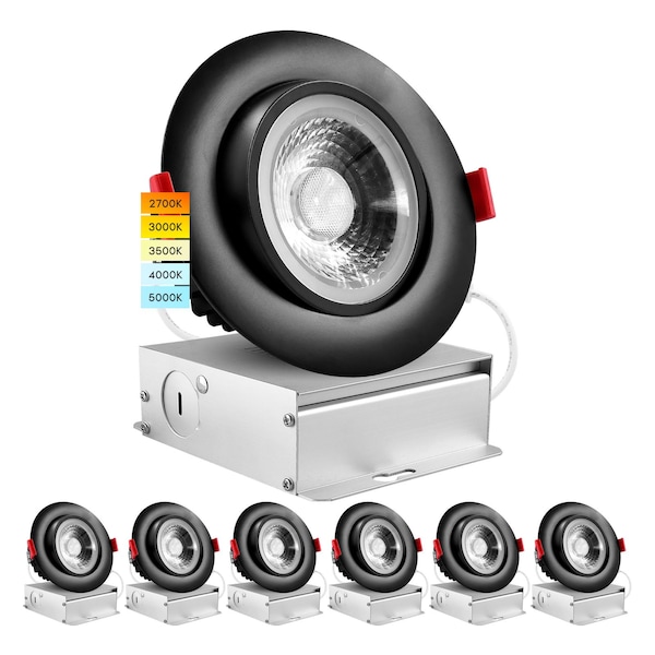 Luxrite 4 Inch Gimbal LED Recessed Lights 5CCT 2700K-5000K 11W 75W Equivalent 1000LM Dimmable Black, 6PK LR23226-6PK - main